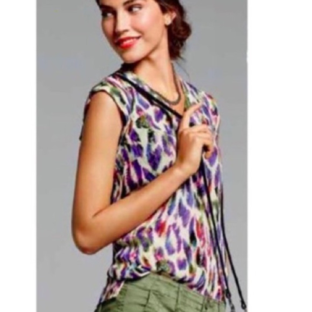 Multicolor Abstract Leopard Print Cap Sleeve Top - Picture 2 of 9
